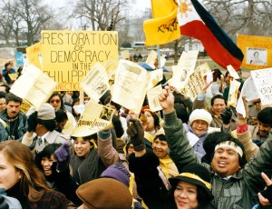 Protest against Ferdinand Marcos. Demonstrations occurred at every Philippine consulate in the US, at the Philippine Embassy and at the White House.